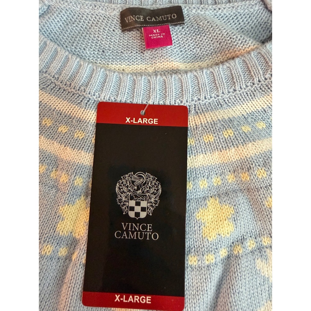 NWT Vince Camuto Womens XL Blue Fair Isle Bunny Rabbit Star Cotton Sweater - Picture 3 of 7